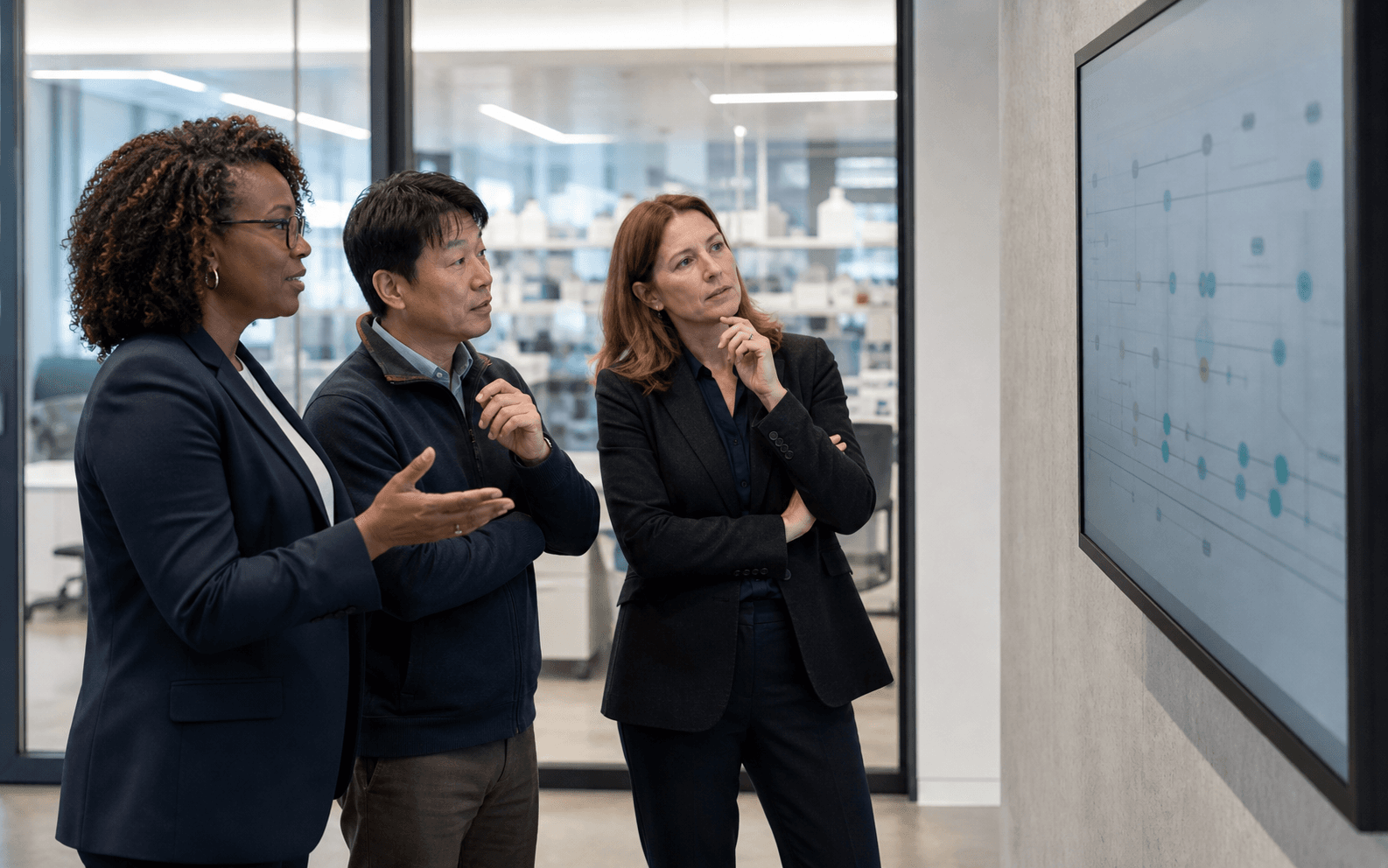 Academic technology-transfer professionals review a commercialisation pathway in a biomedical research centre.
