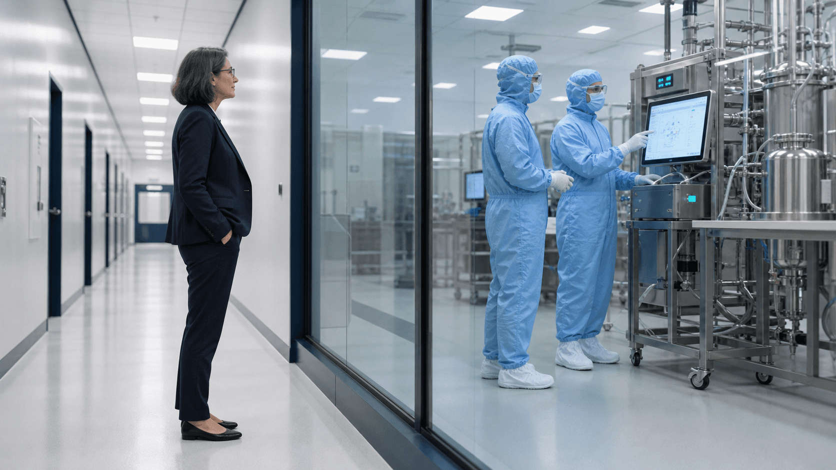 A technology-transfer leader observes fully protected clean-room operators through a clear manufacturing-suite viewing window.