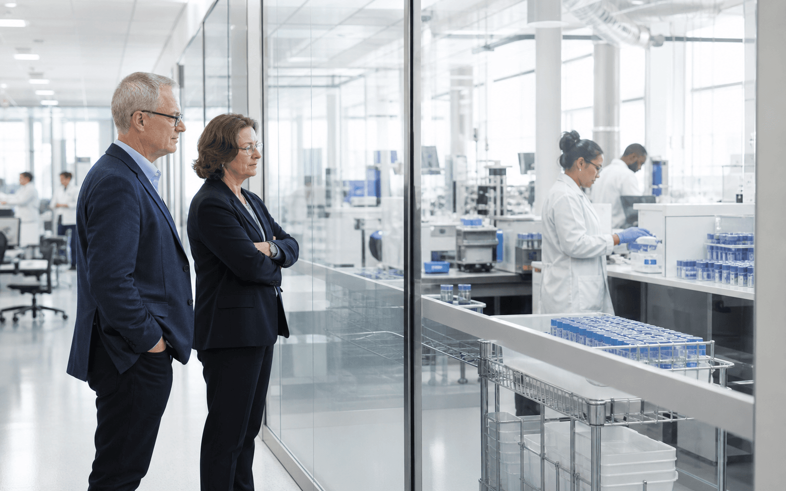 Clinical research operations leaders review sample-processing activity in a working laboratory environment.