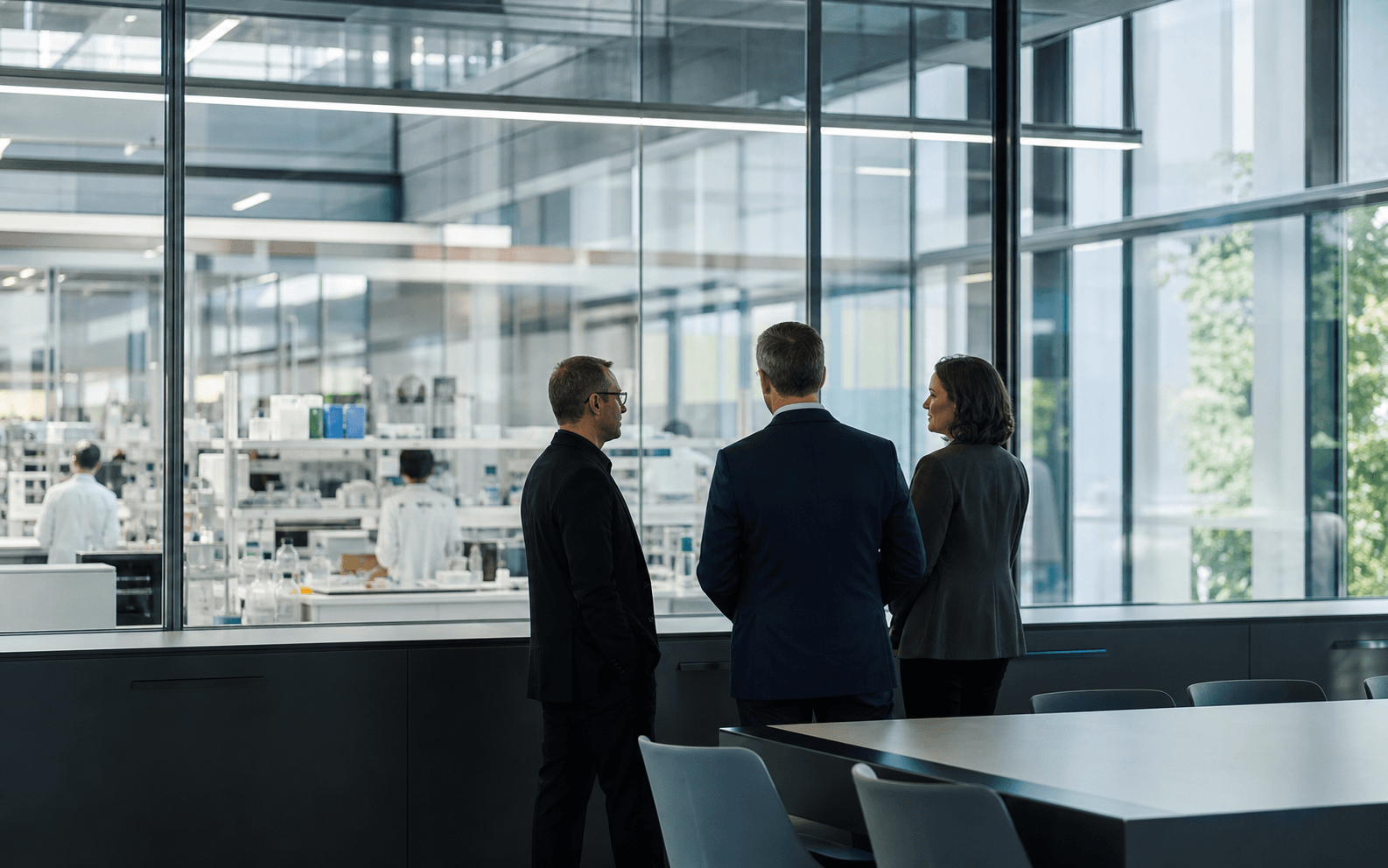Senior life-science leaders discuss a partnership opportunity beside an active biomedical research workspace.