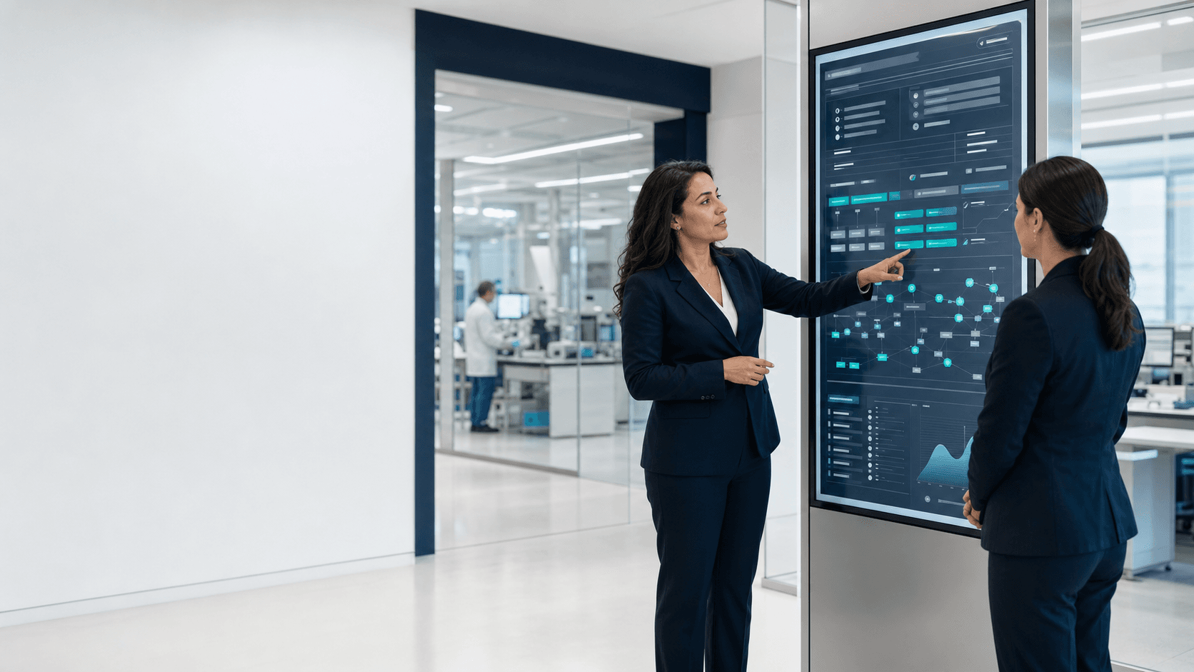 Two operations leaders review a detailed decision portal in a life-science workspace.
